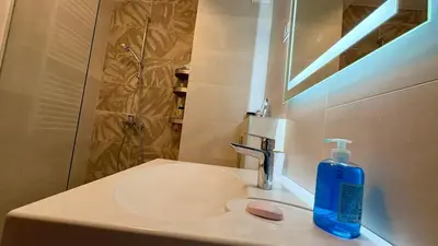 a bathroom sink with a blue soap bottle on it at Belgrade Terrace Apartment in Belgrade