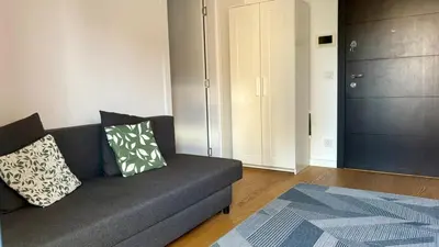 a living room with a couch and a closet at Belgrade Terrace Apartment in Belgrade