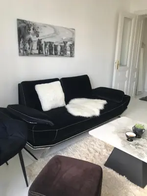 a black couch sitting in a living room at Park Oasis Centerpoint Residence in Belgrade