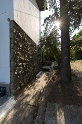 a stone wall with a tree next to a building at Kućica na brdu-Zaklopača in Zaklopača