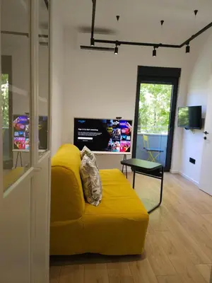a yellow couch in a room with a television at Don apartment Dorcol in Belgrade