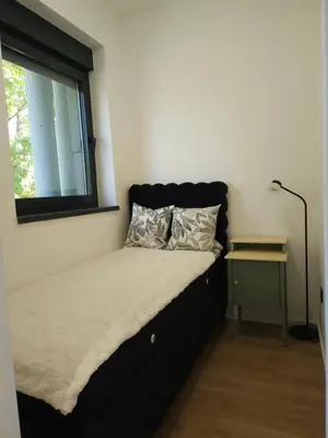 a bed with a black headboard in a room with a window at Don apartment Dorcol in Belgrade