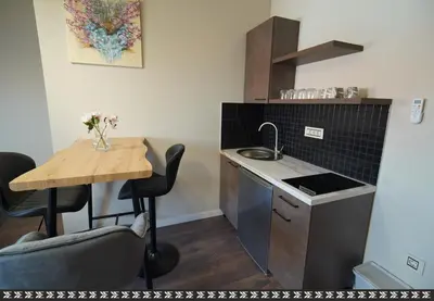 a small kitchen with a small table and a counter at Elidon 1833 in Pančevo