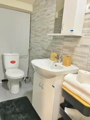 a bathroom with a white toilet and a sink at Stay at Balkanska 45 in Belgrade