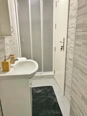 a bathroom with a white sink and a shower at Stay at Balkanska 45 in Belgrade