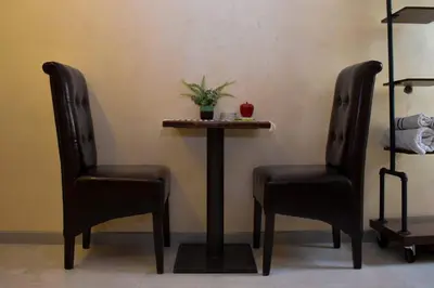 two chairs sitting next to a table with a plant on it at Elan Apartment in Belgrade