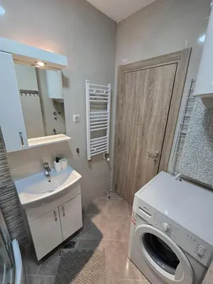a bathroom with a washing machine and a sink at Apartman Emi in Belgrade