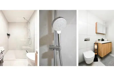 three pictures of a bathroom with a shower and a toilet at Belgrade Waterfront LINA Apartments in Belgrade