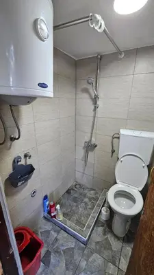 a bathroom with a shower with a toilet in it at Beška Sauna View in Beška