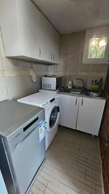 a kitchen with a washing machine and a washer at Beška Sauna View in Beška