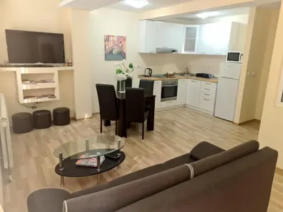 a living room with a couch and a table and a kitchen at Fantastic Belgrade Nights II in Belgrade
