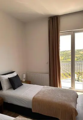 a bedroom with a bed and a large window at Vila Aleksandar in Orašac