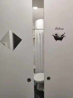 a bathroom with a toilet and a tub sticker on the door at Studio Kalemegdan in Belgrade