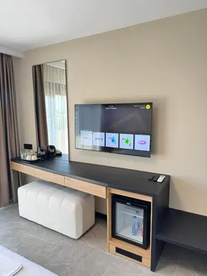 a living room with a tv and a fireplace at Apartmani Tanasijević