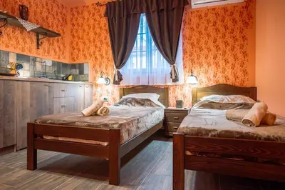 a bedroom with two beds and a large window at Etno kuća Biblioteka in Smederevo