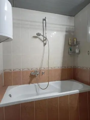 a bath tub with a shower in a bathroom at Linda Apartments- Arena in Novi Beograd