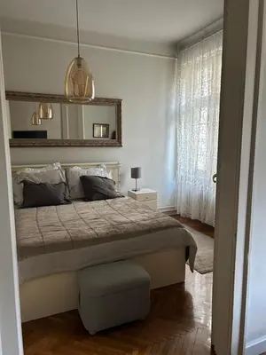 a bedroom with a large bed and a mirror at Vračar Elegance Apartment in Belgrade