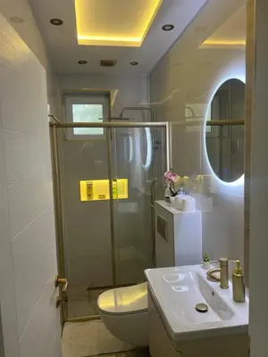 a bathroom with a shower and a toilet and a sink at Beige Harmony in Smederevo