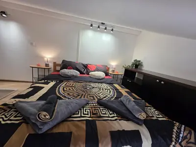a bedroom with a large bed with pillows on it at Radojkovic Apartman in Belgrade