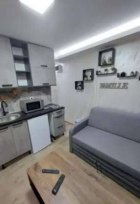 a living room with a couch and a kitchen at Radojkovic Apartman in Belgrade