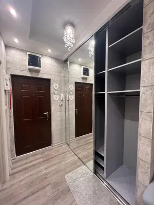 a walk in closet with two brown doors at Apartman M&A in Inđija