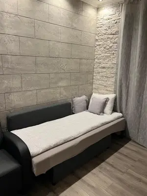 a couch with two pillows on it in front of a brick wall at Apartman M&A in Inđija