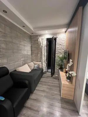 a living room with a black couch and a brick wall at Apartman M&A in Inđija
