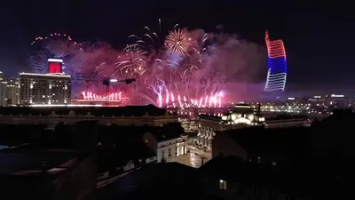a firework display in a city at night at Belgrade on water view apartment - City center in Belgrade