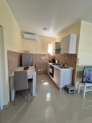 a small kitchen with a table and a stove at Rio Apartmani Ub in Ub