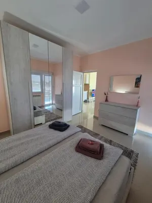 a large room with two beds and a mirror at Rio Apartmani Ub in Ub