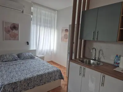 a bedroom with a bed and a sink in it at URBAN Suites in Belgrade