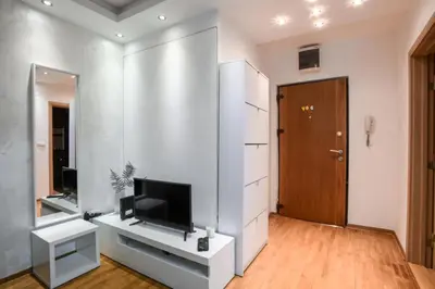 a living room with a tv and a mirror at Apartment Angelo in Belgrade