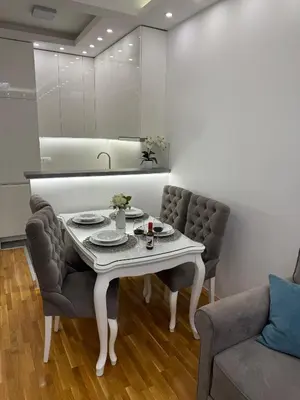 a dining room with a white table and two chairs at Apartman Mojsilović in Ub