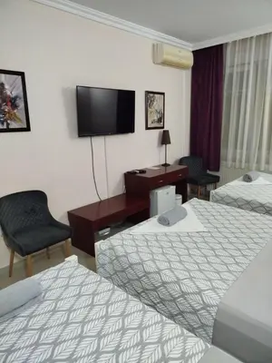 a hotel room with two beds and a desk and a television at Vila Eni in Smederevo