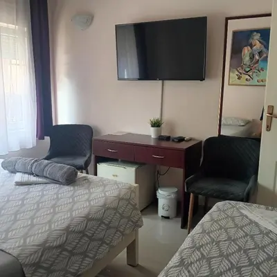 a bedroom with a desk and a tv on the wall at Vila Eni in Smederevo