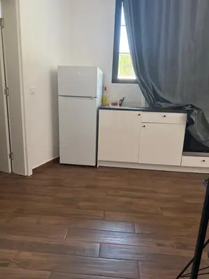a kitchen with a white refrigerator and a window at Amar3 in Belgrade