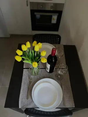 a table with a plate and a bottle of wine and yellow flowers at TaMiLux apartments in Belgrade