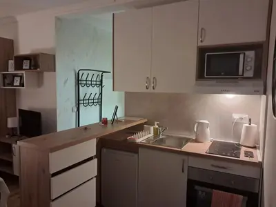a small kitchen with a sink and a microwave at TaMiLux apartments in Belgrade
