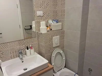 a bathroom with a sink and a toilet at TaMiLux apartments in Belgrade