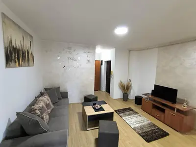 a living room with a couch and a tv at R & P Apartman 2 Mladenovac in Mladenovac