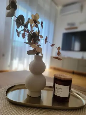 a white vase with flowers in it on a tray at Park residence Apartman 2, Mirijevo, Serbia in Belgrade