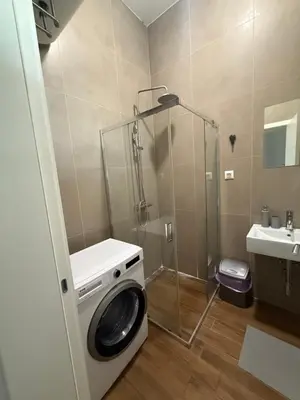 a washing machine in a bathroom with a shower at Amar 3 in Belgrade