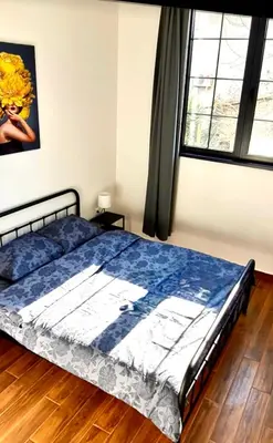 a bedroom with a bed with a blue comforter at Amar 1 in Belgrade