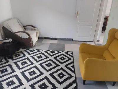 a living room with a couch and a chair and a rug at Sunny Villa in Belgrade