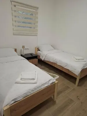 two twin beds in a room with a window at Burence -m in Železnik