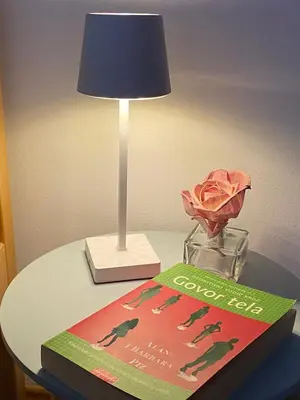 a table with a book and a lamp and a vase with a rose at Apartman KEJ Smederevo in Smederevo