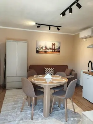 a kitchen and dining room with a table and chairs at Prenoćište Lana 3 in Novi Banovci