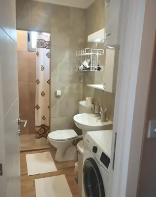 a bathroom with a toilet and a sink and a shower at Prenoćište Lana 3 in Novi Banovci
