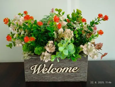 a box with a welcome sign with flowers in it at Prenoćište Lana 3 in Novi Banovci