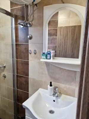 a bathroom with a sink and a shower with a mirror at Apartman New in Belgrade
